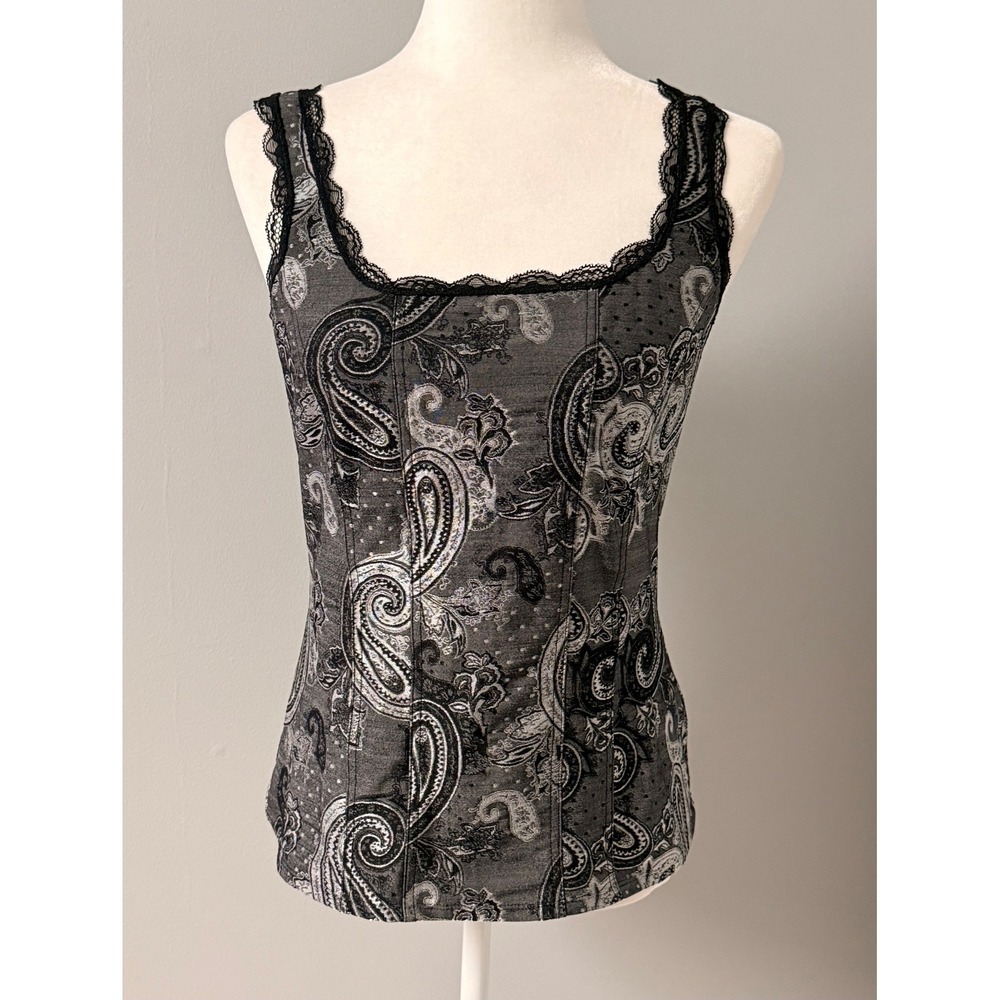 White House Black Market Paisley Lace Trim Corset Top Sleeveless Y2K Goth Sz M